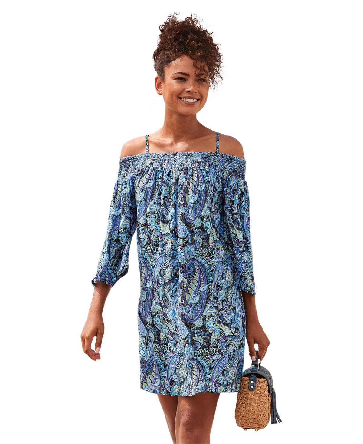 Women's Off The Shoulder Patterned Dress - Blue multi