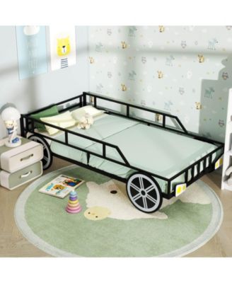 Twin Car-Shaped Metal Bed Frame with Wheels Decorations Safety Guardrails
