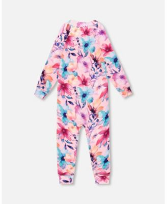 Big Girls One-Piece Thermal Underwear Pink Watercolor Flower Print
