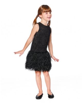 Big Girls Sleeveless Bi-Material Lurex Dress with Feathers Black