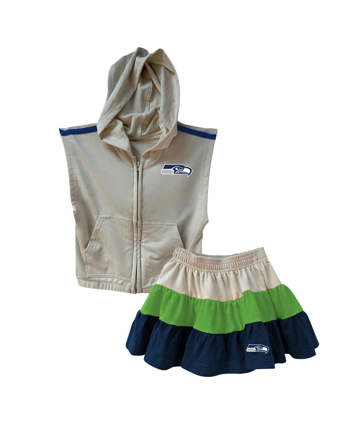 Wes & Willy Babies' Girls Toddler Neon Green/college Navy Seattle Seahawks Sleeveless Full-zip Hoodie And Three Tier Ski In Gray