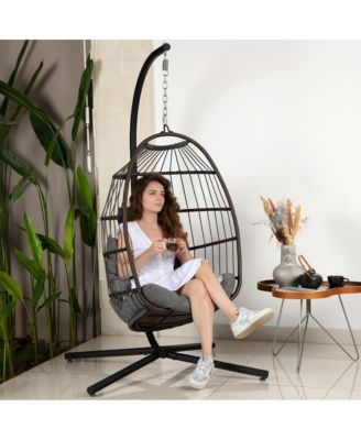 Foldable Egg Chair - Rattan Wicker Hanging Egg Swing Chair with Stand, Waterproof Seat Cushion,, and Headrest for Patio, Bedroom, Porch, and Garden (Deep Gray)