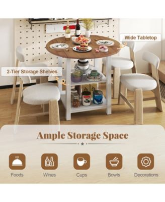 Folding Drop-Leaf Round Dining Table with 2 Shelves