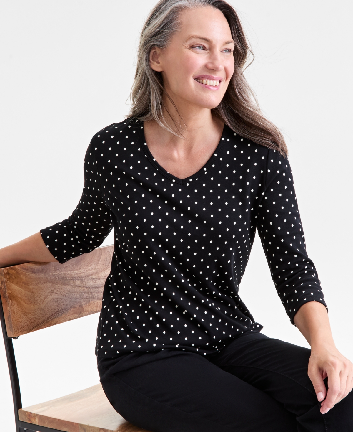Style & Co Women's Printed V-neck 3/4-sleeve Knit Top, Macy's Exclusive In Black
