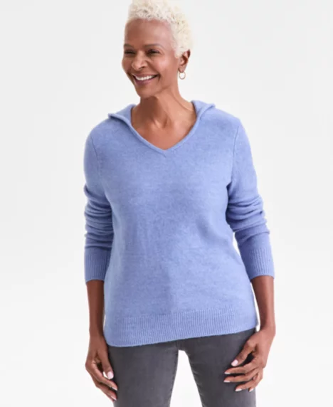 Petite Split-Neck Hoodie - Blue Anchor