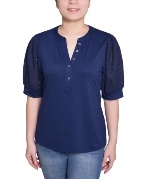 Petite Puff Elbow Sleeve Top - Navy