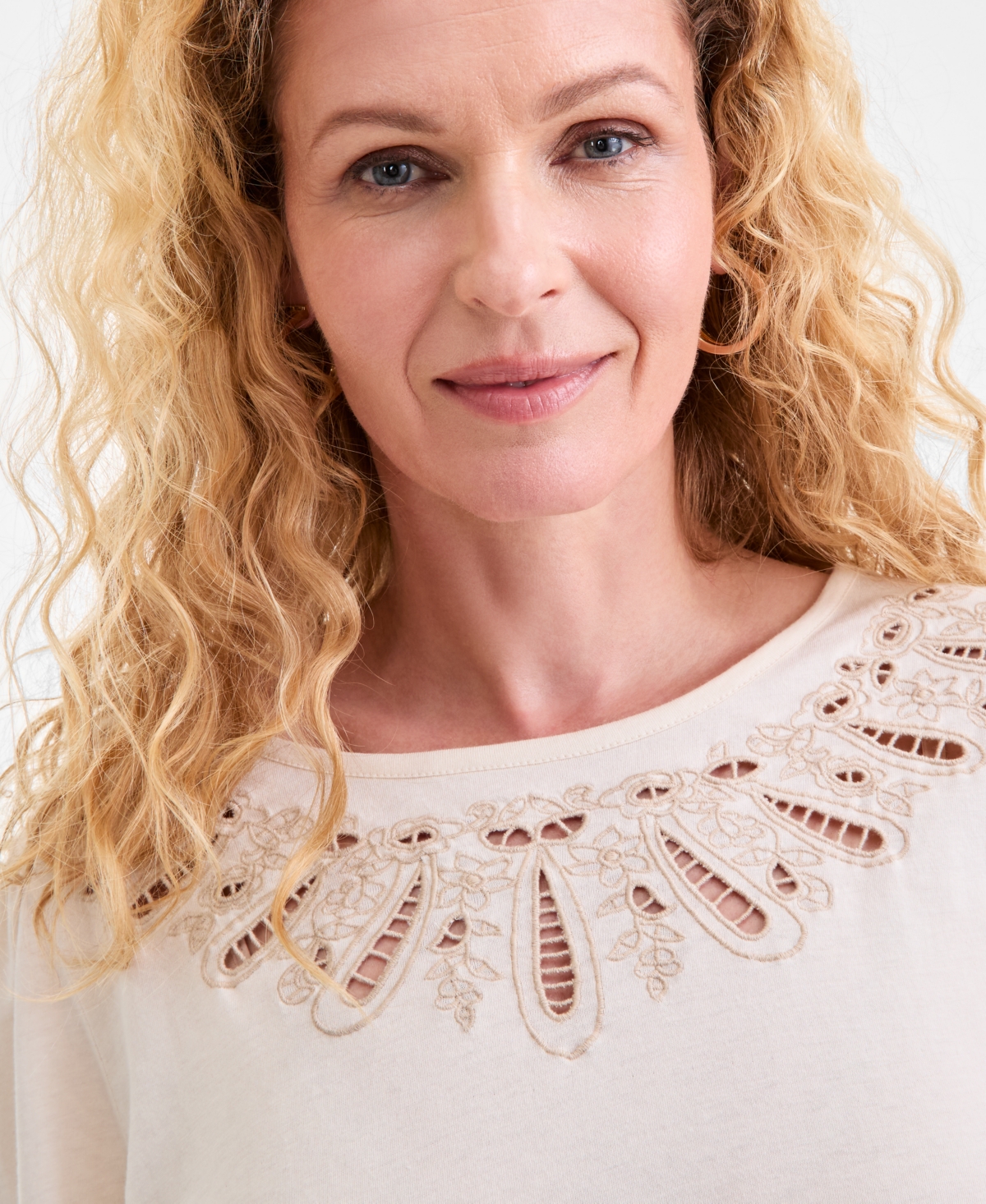 Style & Co Plus Size Broderie Anglaise 3/4-sleeve Top, Macy's Exclusive In Brown