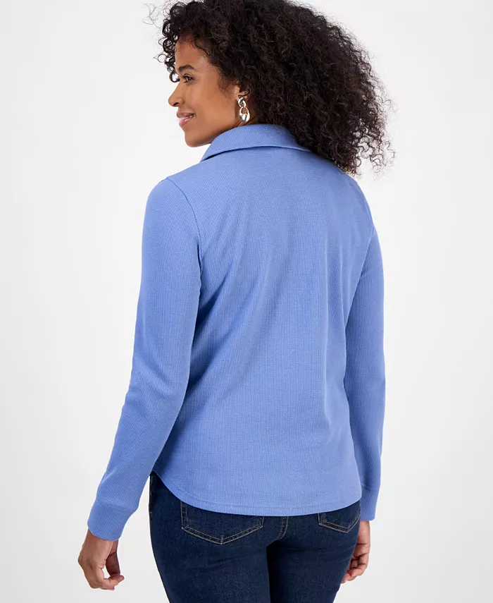 Women's Waffle-Knit Long-Sleeve Polo Top - thumbnail 8