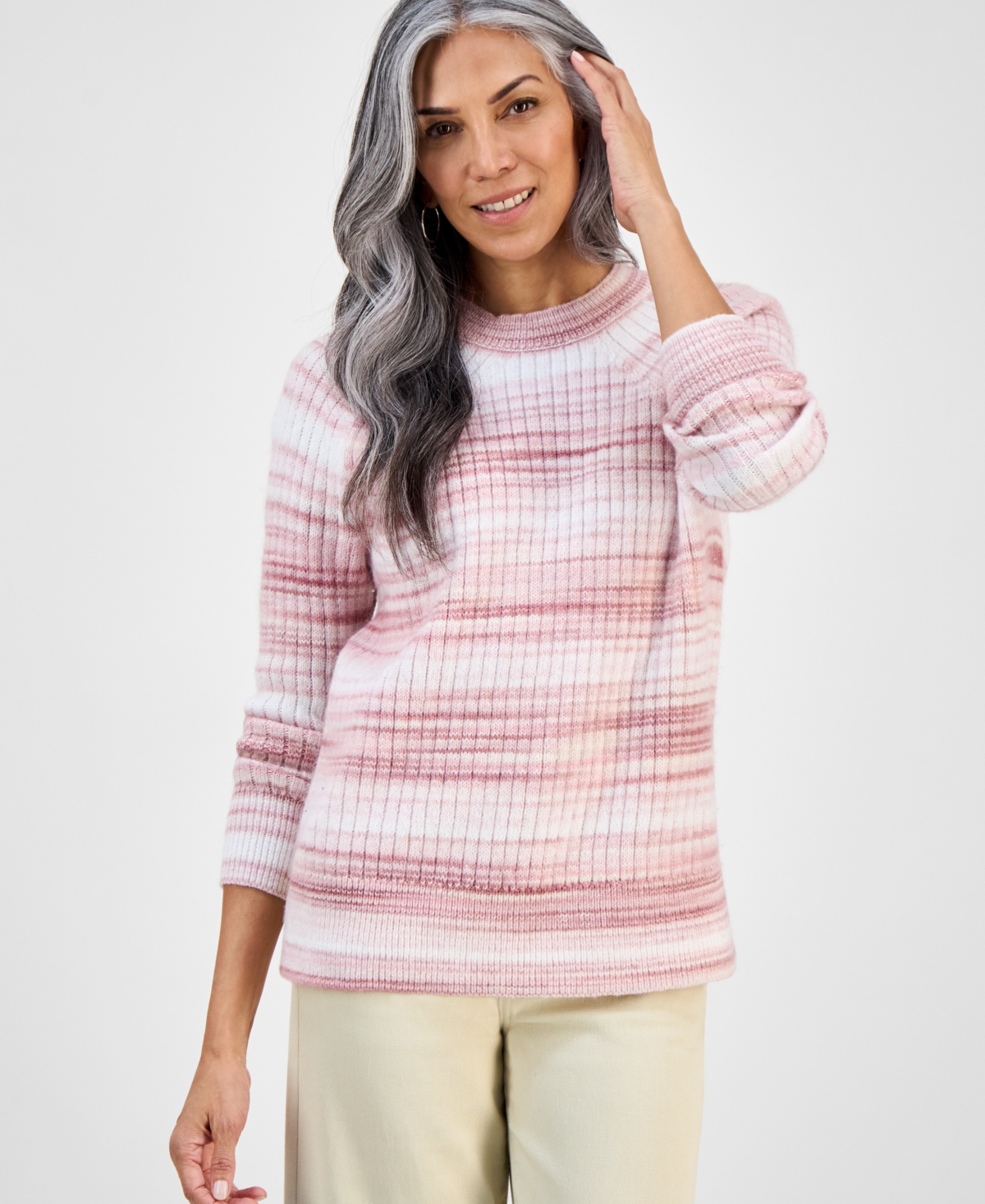 Style & Co Women's Space-dye Long-sleeve Crewneck Sweater, Macy's Exclusive In Pink