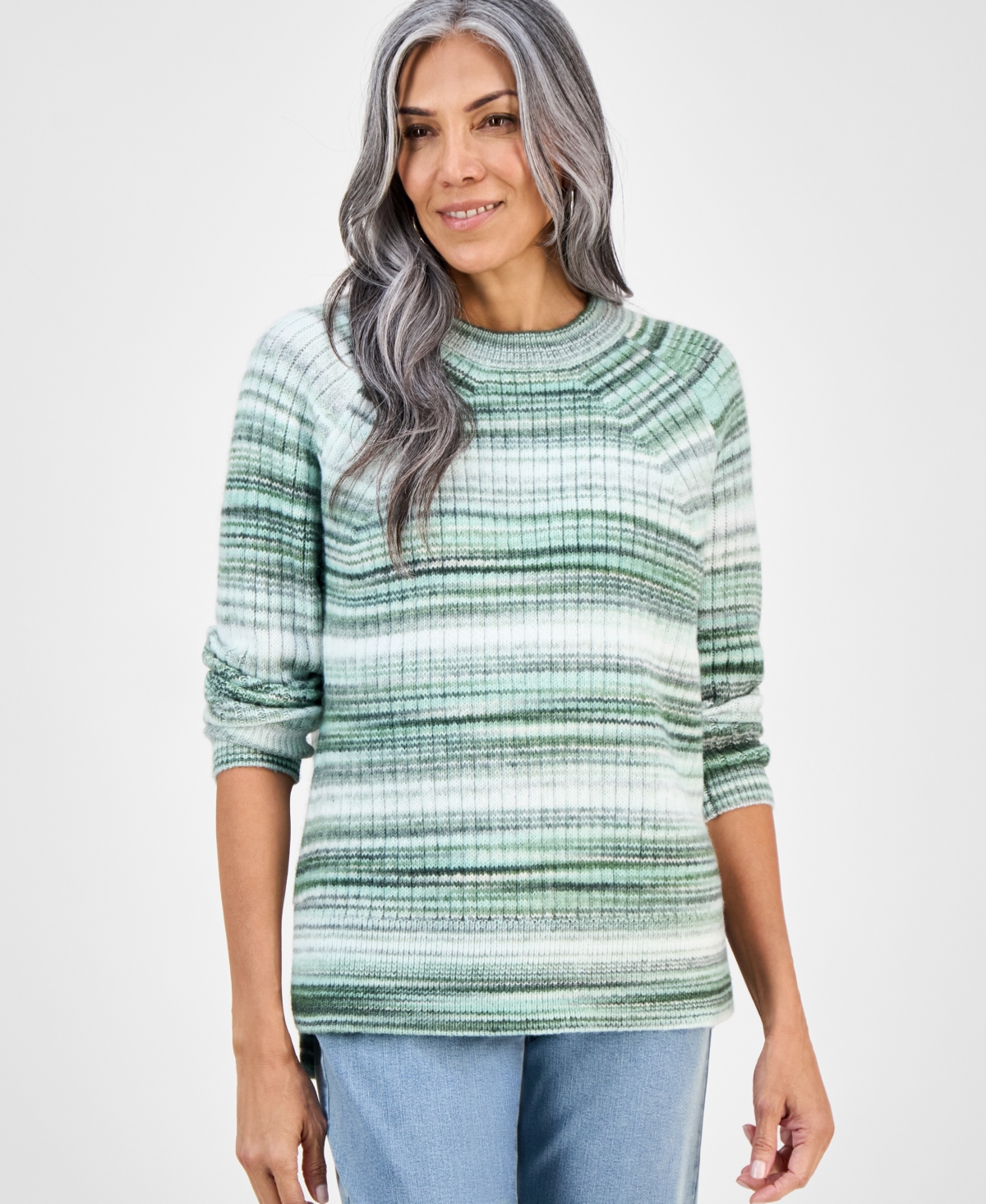 Style & Co Women's Space-dye Long-sleeve Crewneck Sweater, Macy's Exclusive In Green