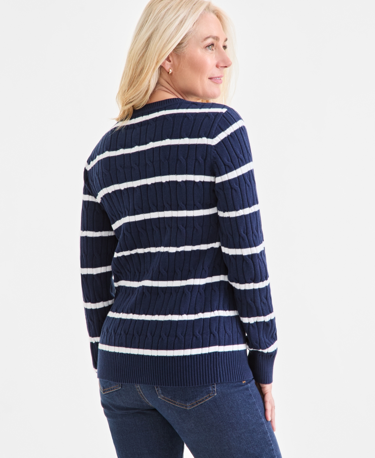 Style & Co Women's Cotton Cable-knit Striped Sweater, Macy's Exclusive In Blue