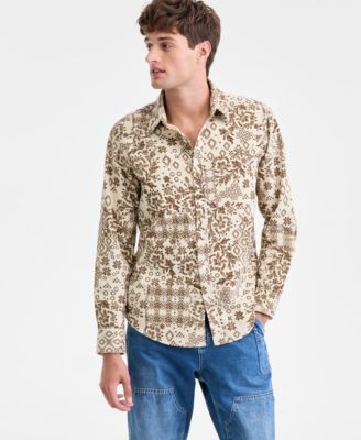 Sun + Stone - Men's Bonds Long-Sleeve Cotton Patchwork-Print Corduroy Shirt