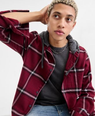 Men's Bird Layered-Look Hooded Cotton Flannel Plaid Shirt, Macy's Exclusive   