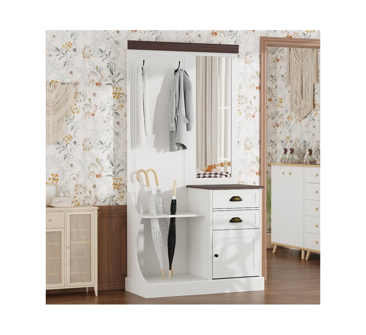 Homsee White multifunctional hall tree with mirror and hooks