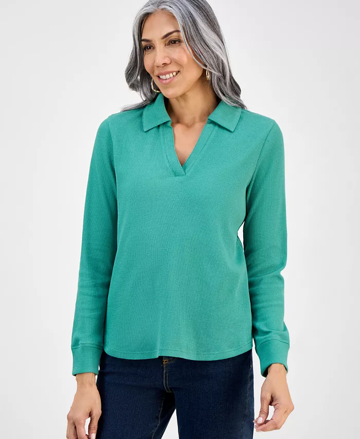 Women's Waffle-Knit Long-Sleeve Polo Top - thumbnail 9