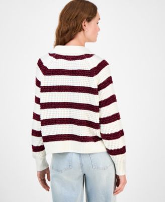 Juniors' Snap-Front Chenille Long-Sleeve Sweater 