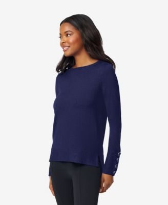 Women's Fine Gauge Boat-Neck Buttoned-Cuff Sweater