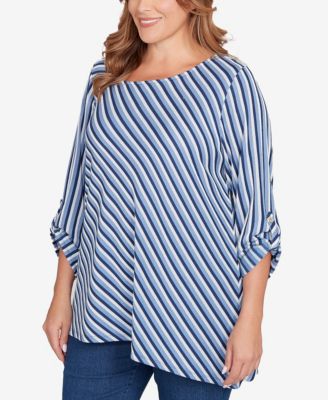 Plus Size Textured Stripe Roll Tab Sleeve Top