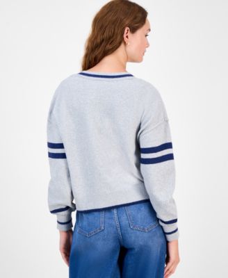 Juniors' V-Neck Varsity Stripe Sweater
