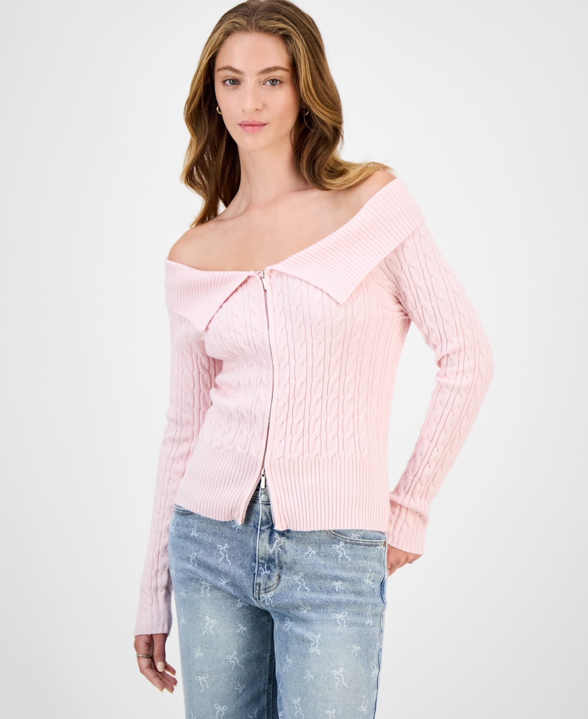 Hooked Up By Iot Juniors' Spread-collar Cable-knit Cardigan In Pink