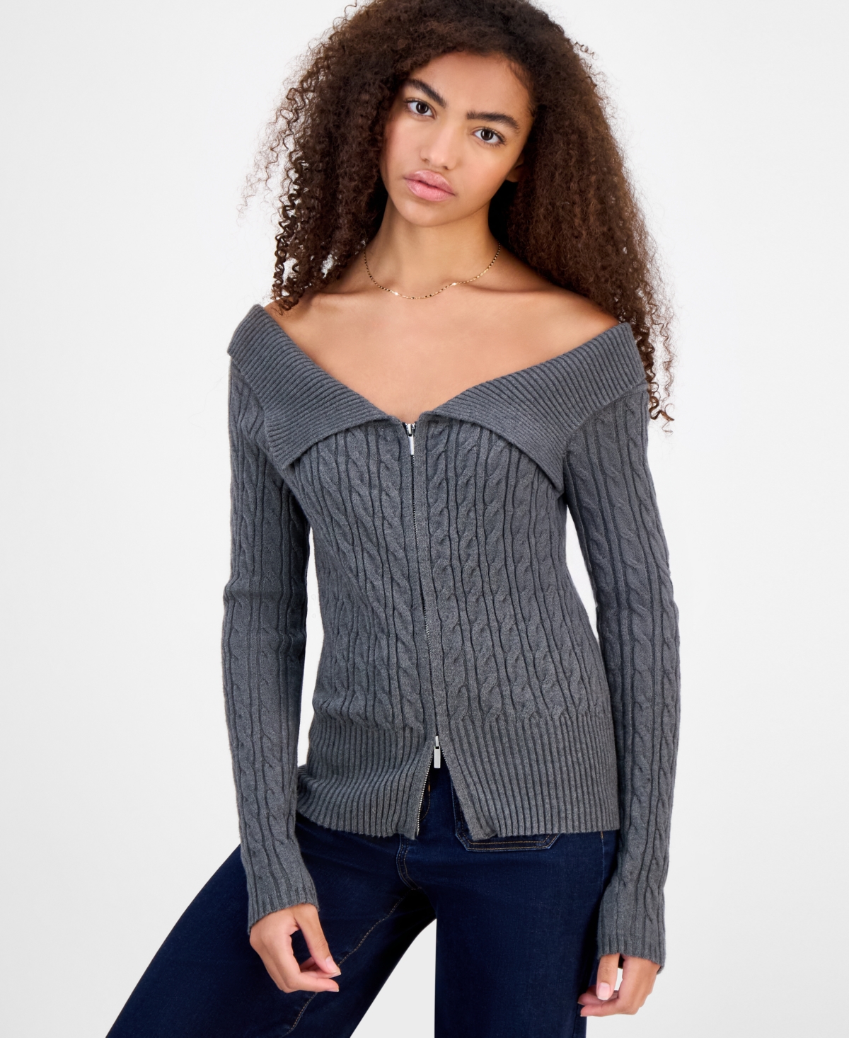 Hooked Up By Iot Juniors' Spread-collar Cable-knit Cardigan In Gray