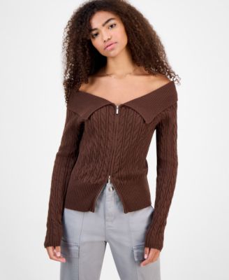 Hooked Up by IOT - Juniors' Spread-Collar Cable-Knit Cardigan