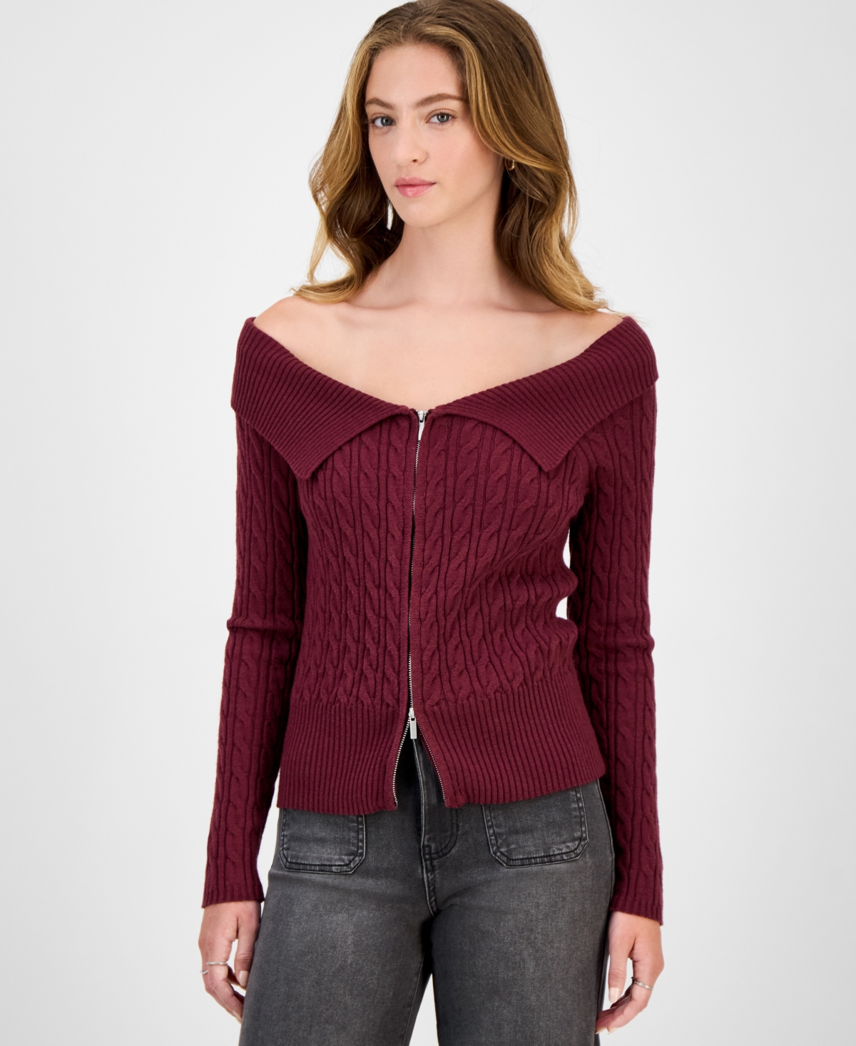 Hooked Up By Iot Juniors' Spread-collar Cable-knit Cardigan In Burgundy