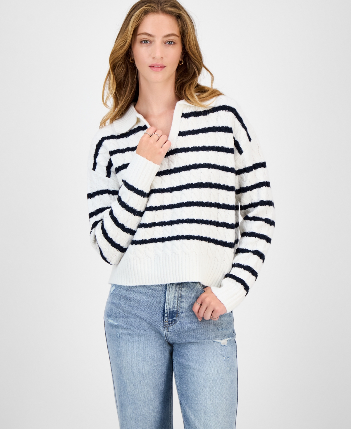 Hooked Up By Iot Juniors' Striped Cable-knit Collar Sweater In White