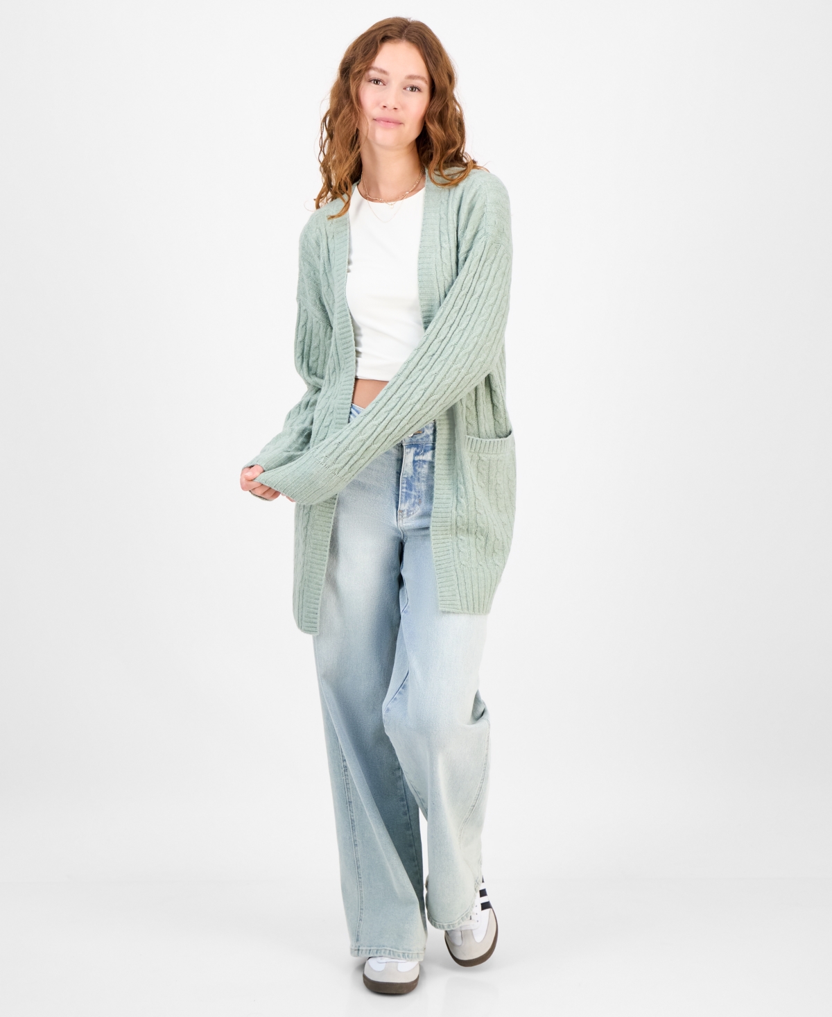 Hippie Rose Juniors' Open-front Long-sleeve Midi Cardigan In Green