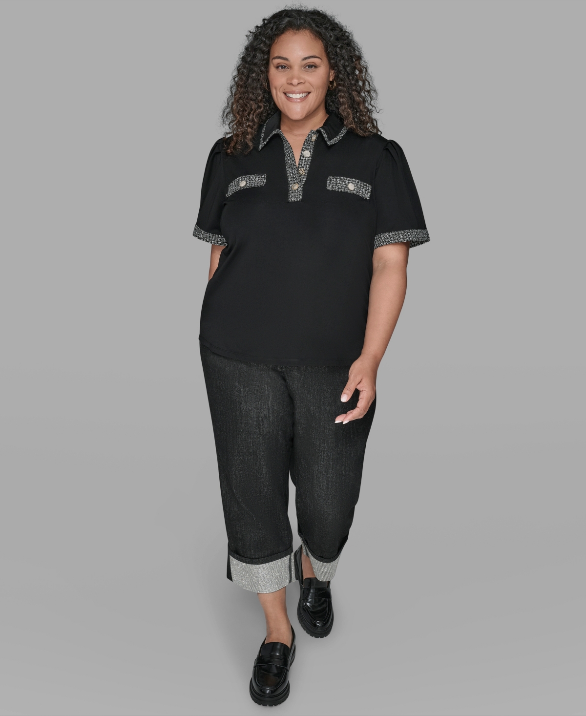 Karl Lagerfeld Karl Lagerfield Paris Plus Size Short Sleeves Tweed Trim Knit Top In Black