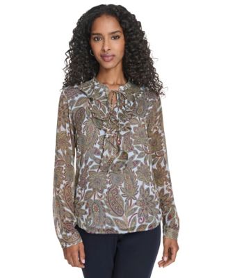 Women's Paisley Ruffle Long Sleeve Blouse