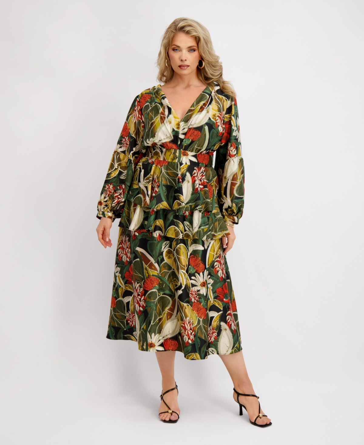 Siena Plus Size Long-sleeve Tiered Satin Maxi Dress In Multi