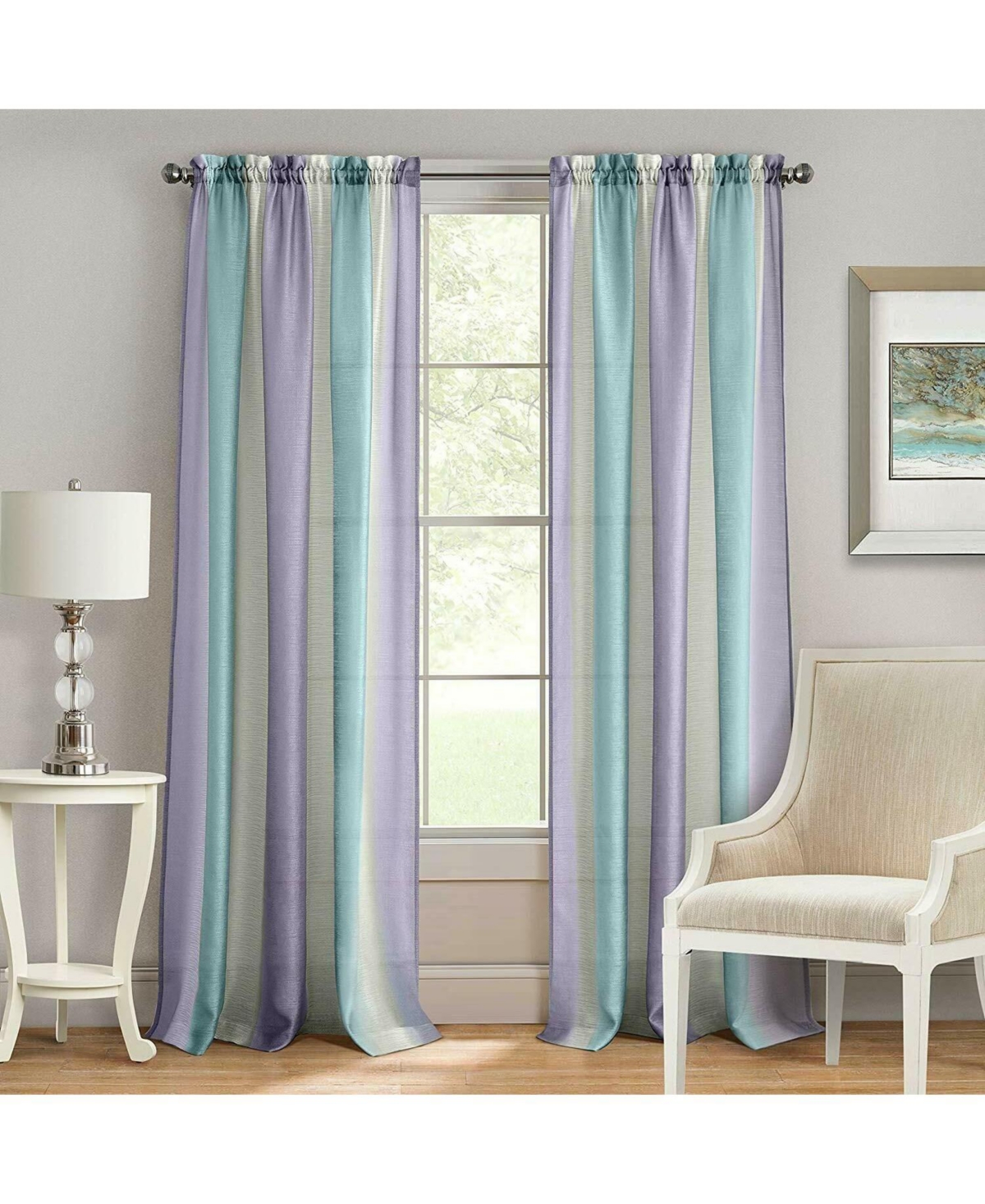 2 Pack Rainbow Striped Rod Pocket Semi Sheer Linen Window Curtains - 52 in. W x 84 in. L, Pink/Blue - Pink/blue