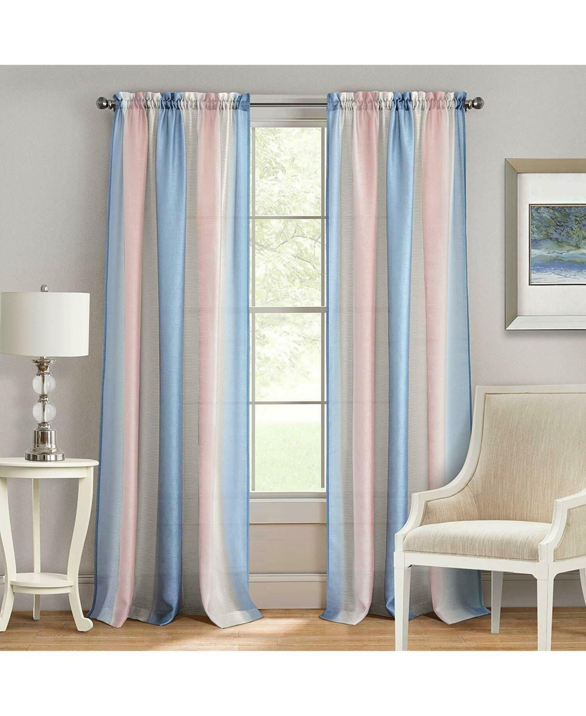 2 Pack Rainbow Striped Rod Pocket Semi Sheer Linen Window Curtains - 52 in. W x 84 in. L, Pink/Blue - Pink/blue