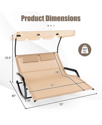 Outdoor 2-Person Double Rocking Chaise Lounge w/ Canopy & Wheels Metal Frame