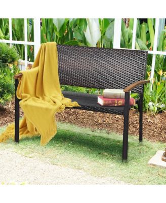 Set of 2 Patio Wicker Bench All Weather Rattan Chair Loveseat w/ Acacia Armrest