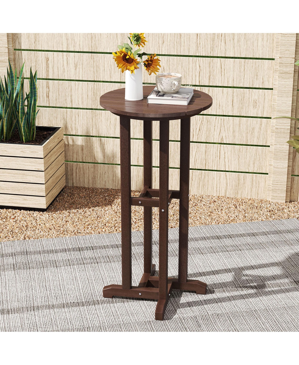 Gymax 21.5'' Round Bar Table Patio Hdpe Bar Height Dining Table w/ Slatted Tabletop