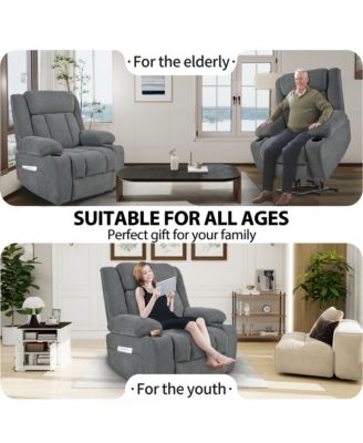   1 Pc   Fabric Upholstered, USB Port, Remote, Cup Holders, Side Pockets   Power Lift, Massage & Heat  Recliner Chair