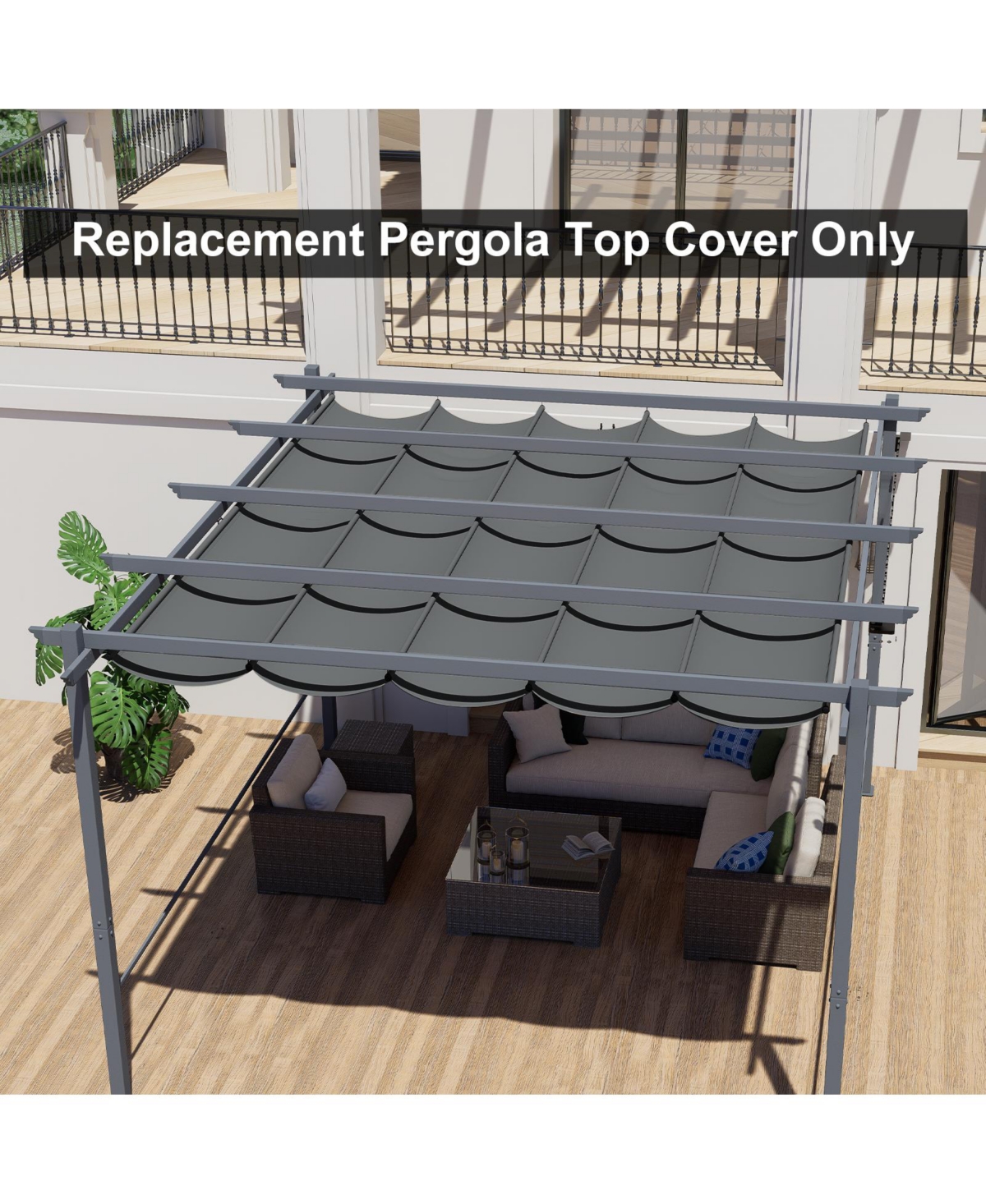 Aoodor 12x12FT Pergola Replacement Canopy- Retractable Sun Shade Cover with Water-Resistant & Upf 50+ Uv Blocking for Outdoor Patio, Brown/Gray