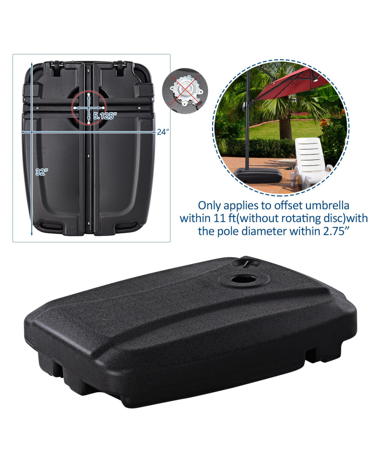 60L Patio Cantilever Offset Umbrella Base Portable Base Weight w/ Wheels - Black