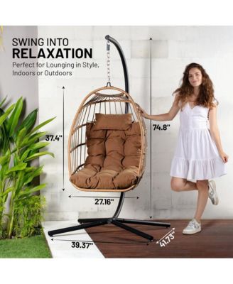 Foldable Egg Chair - Rattan Wicker Hanging Egg Swing Chair with Stand, Waterproof Seat Cushion,, and Headrest for Patio, Bedroom, Porch, and Garden (Brown)