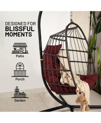 Foldable Egg Chair - Rattan Wicker Hanging Egg Swing Chair with Stand, Waterproof Seat Cushion,, and Headrest for Patio, Bedroom, Porch, and Garden (Red)