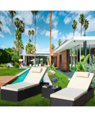 3-Piece Outdoor Patio Furniture Set Chaise Lounge, Patio Reclining Rattan Lounge Chair Chaise Couch Cushioned with Glass Coffee Table, Adjustable Back and Feet, Lounger Chair for Pool Garden, Beige