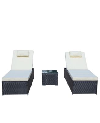 3-Piece Outdoor Patio Furniture Set Chaise Lounge, Patio Reclining Rattan Lounge Chair Chaise Couch Cushioned with Glass Coffee Table, Adjustable Back and Feet, Lounger Chair for Pool Garden, Beige