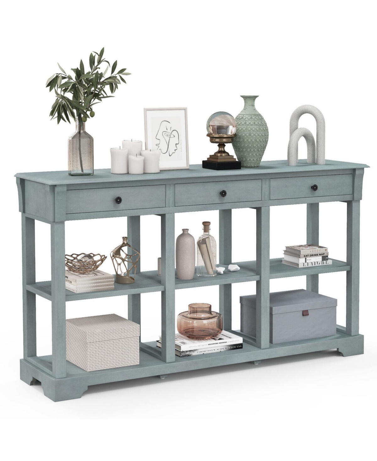 58&#x22; Retro Console Table with 3 Drawers and Open Shelves Rectangular Entryway Table - Grey