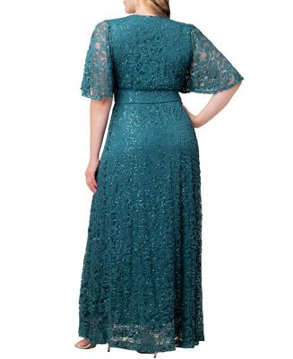 Plus Size Luminous Sequin Lace Evening Gown with Pockets