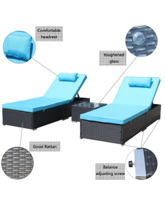 3-Piece Outdoor Patio Furniture Set Chaise Lounge, Patio Reclining Rattan Lounge Chair Chaise Couch Cushioned with Glass Coffee Table, Adjustable Back and Feet, Lounger Chair for Pool Garden, Blue