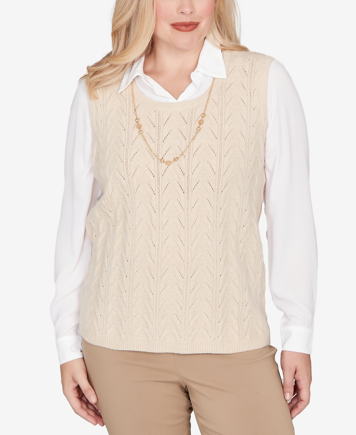 Women's Urban Legend Pointelle Texture Two in One Sweater with Necklace - Stone
