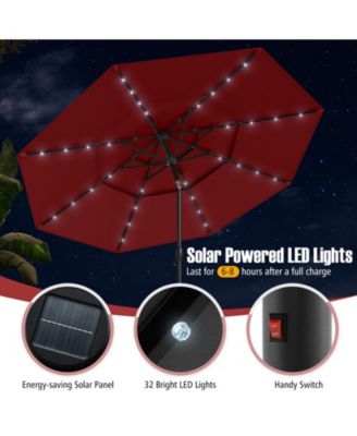 10 FT Solar Patio Umbrella w/ 32 LED Lights 3-Tier Vented Top Tilt Adjustment