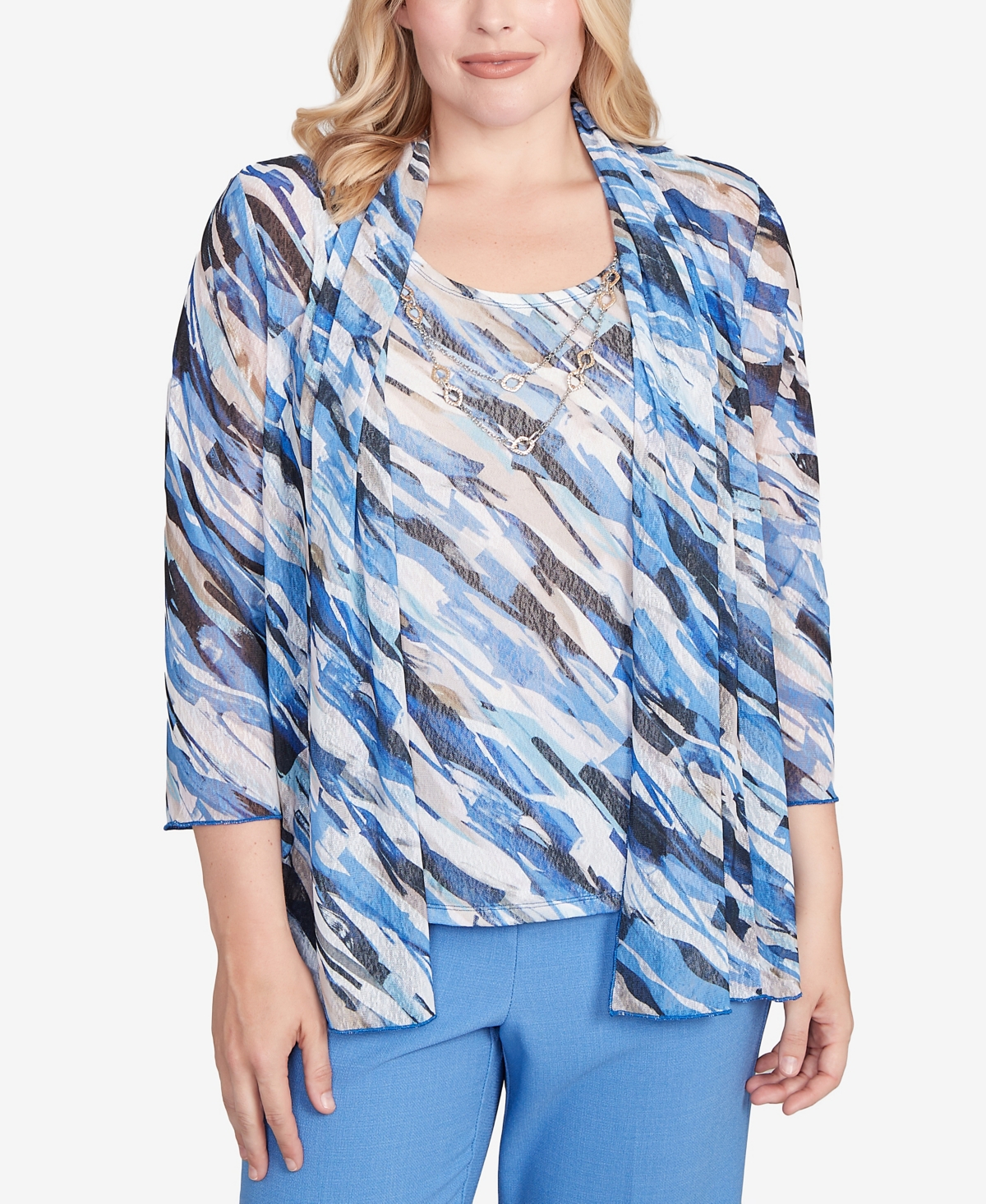 Women's Textured Mesh Printed Two in One Top with Necklace - Blue Multi